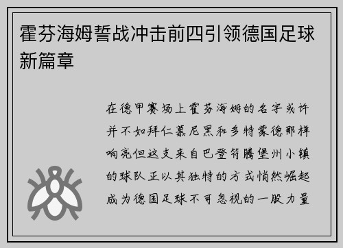 霍芬海姆誓战冲击前四引领德国足球新篇章